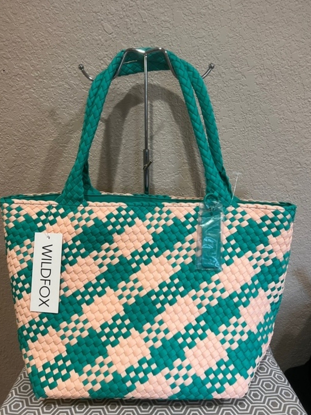 Wildfox Teal and Pale Pink Woven Tote Bag